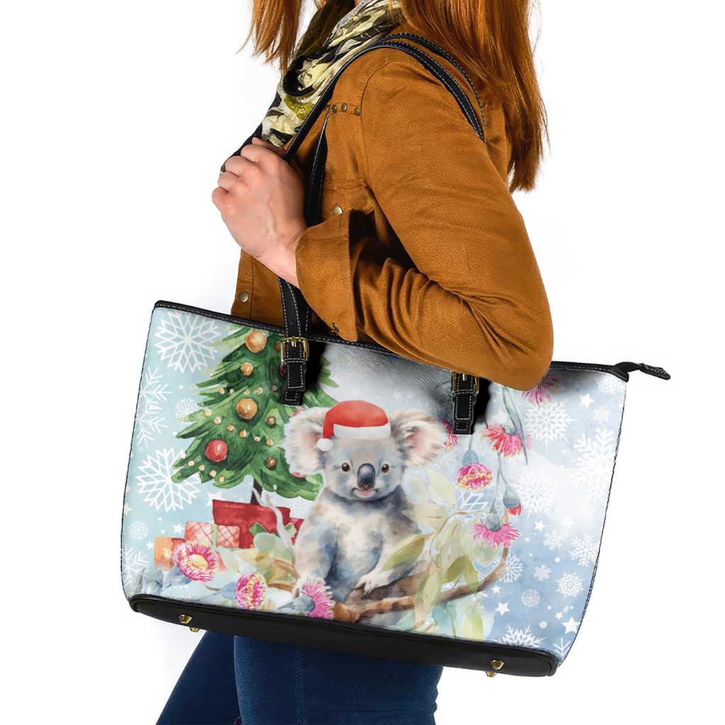 Australia Christmas Leather Tote Bag Koala Santa With Eucalyptus - Watercolor