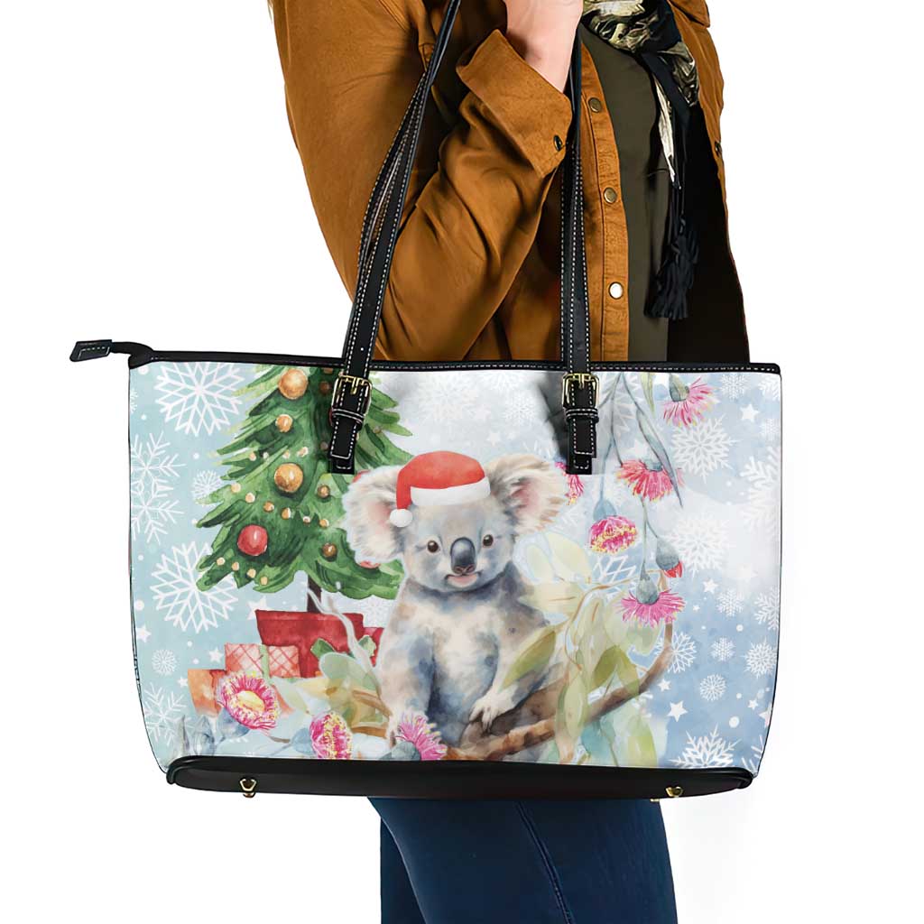 Australia Christmas Leather Tote Bag Koala Santa With Eucalyptus - Watercolor