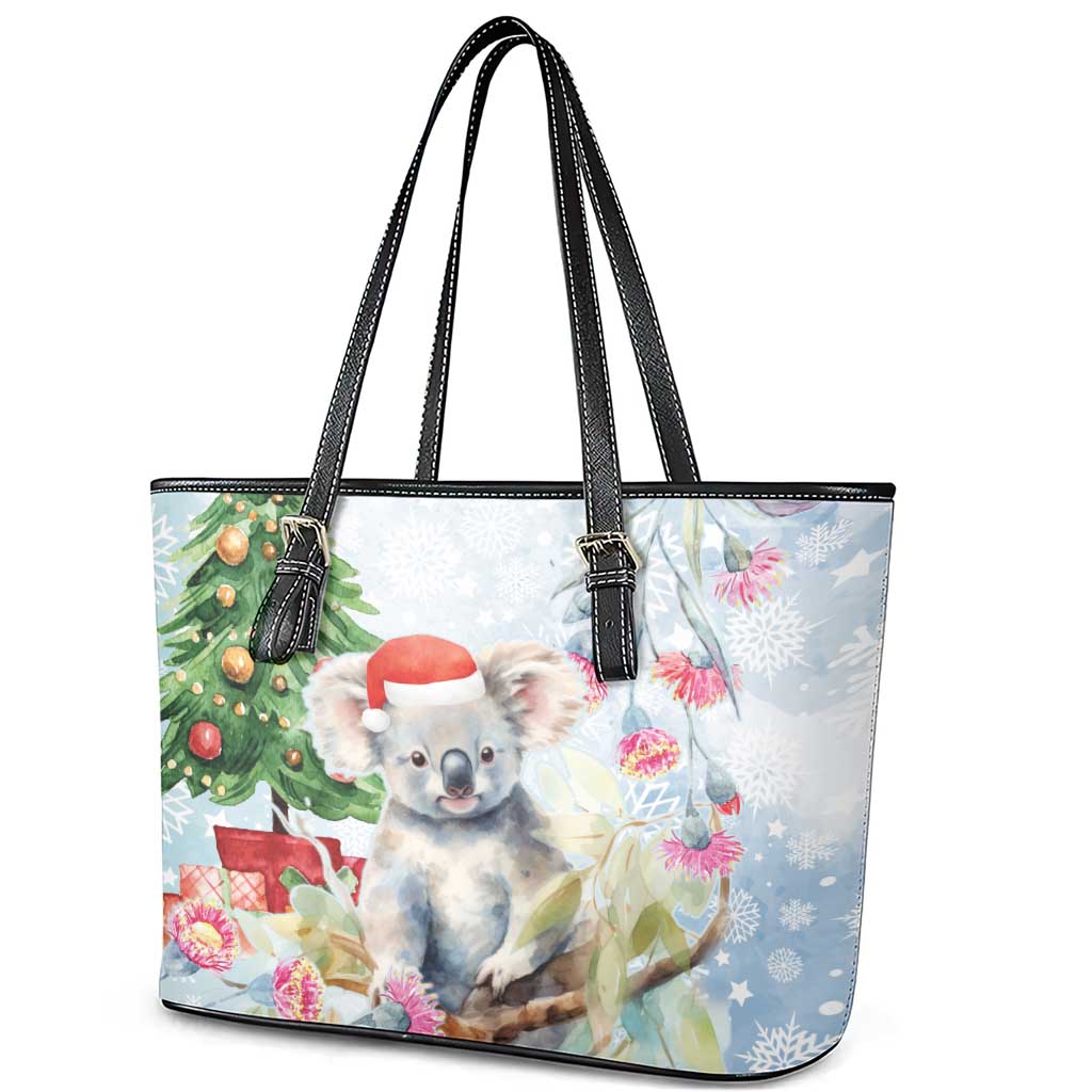 Australia Christmas Leather Tote Bag Koala Santa With Eucalyptus - Watercolor