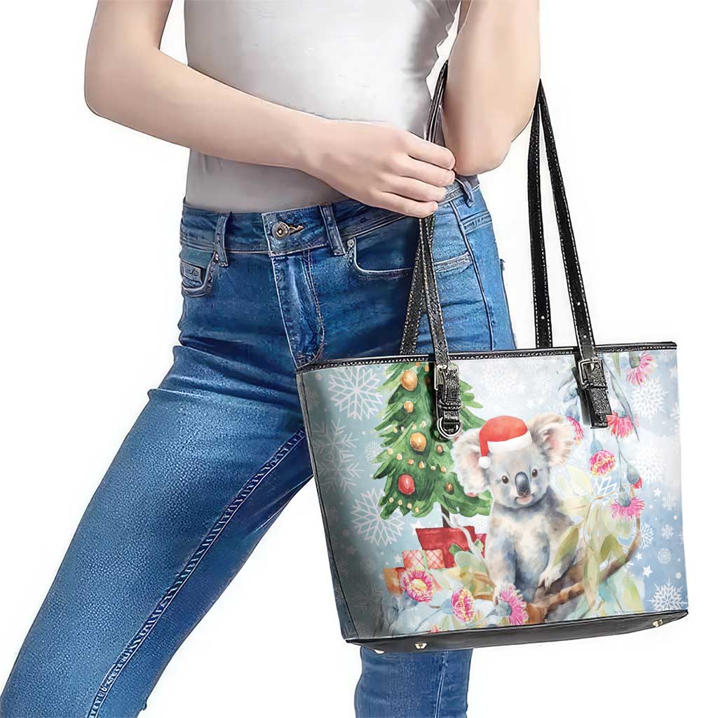 Australia Christmas Leather Tote Bag Koala Santa With Eucalyptus - Watercolor