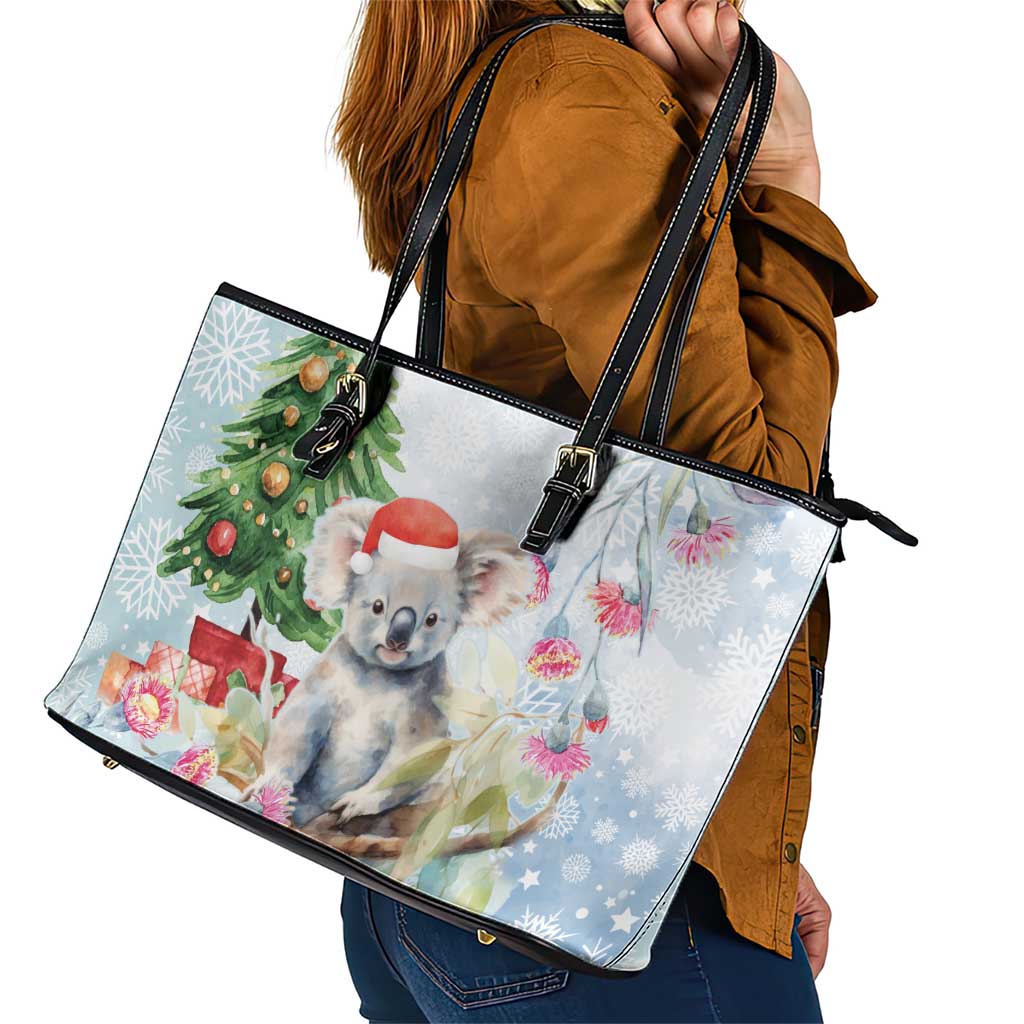 Australia Christmas Leather Tote Bag Koala Santa With Eucalyptus - Watercolor