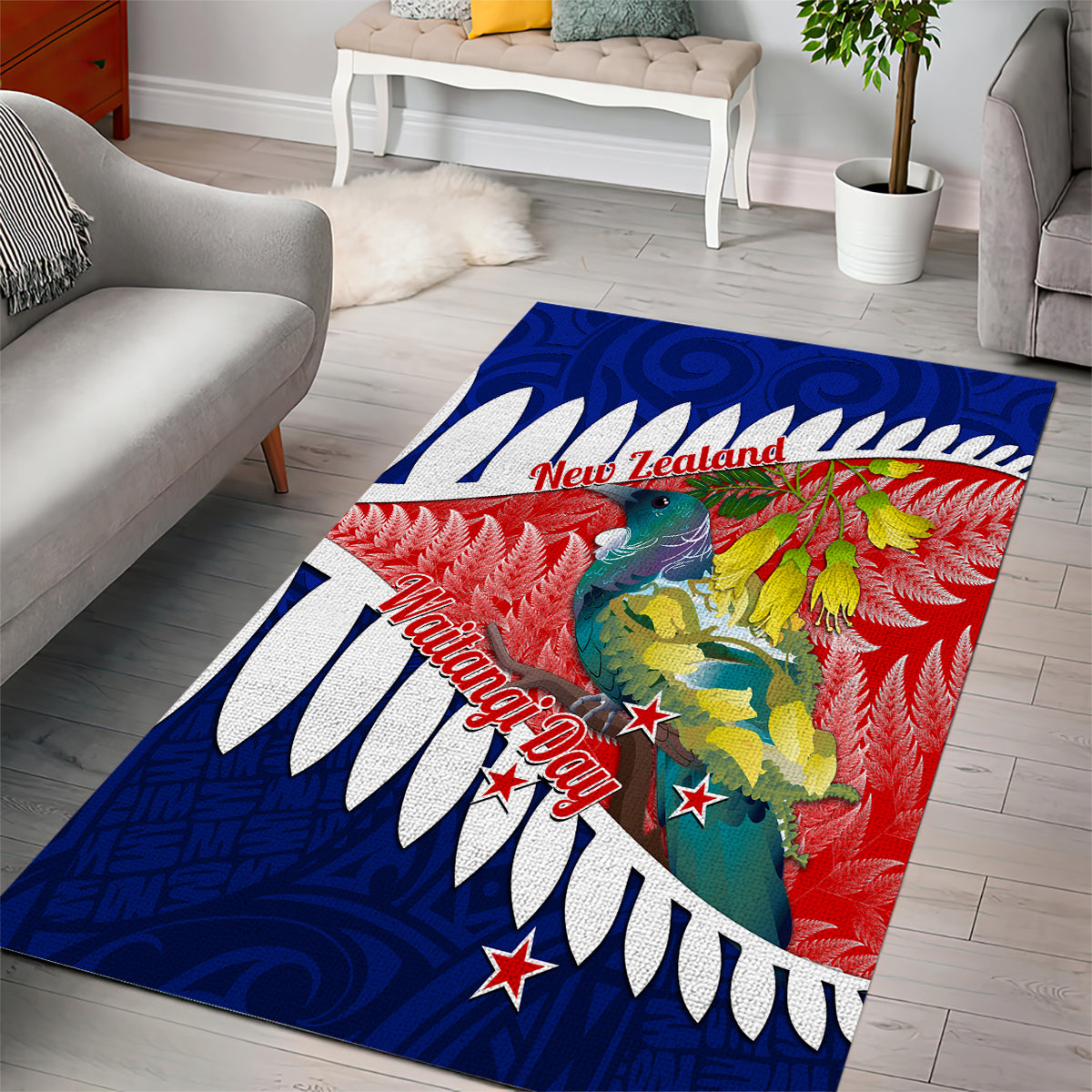 new-zealand-waitangi-day-area-rug-nz-maori-tui-bird-with-kowhai-flowers