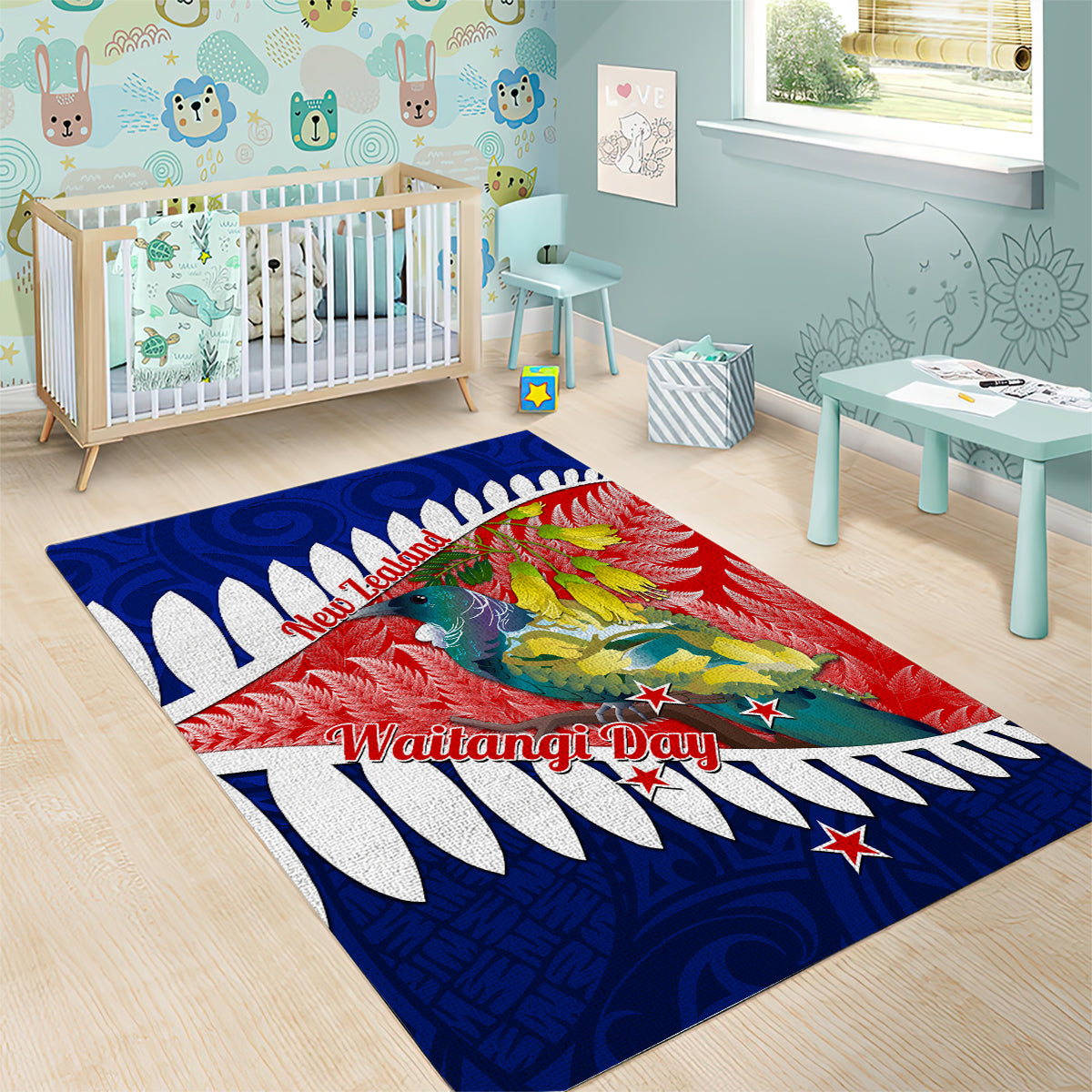 new-zealand-waitangi-day-area-rug-nz-maori-tui-bird-with-kowhai-flowers