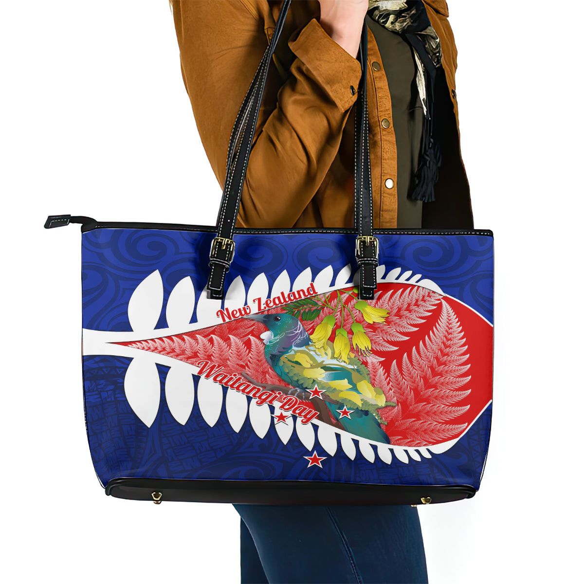 new-zealand-waitangi-day-leather-tote-bag-nz-maori-tui-bird-with-kowhai-flowers