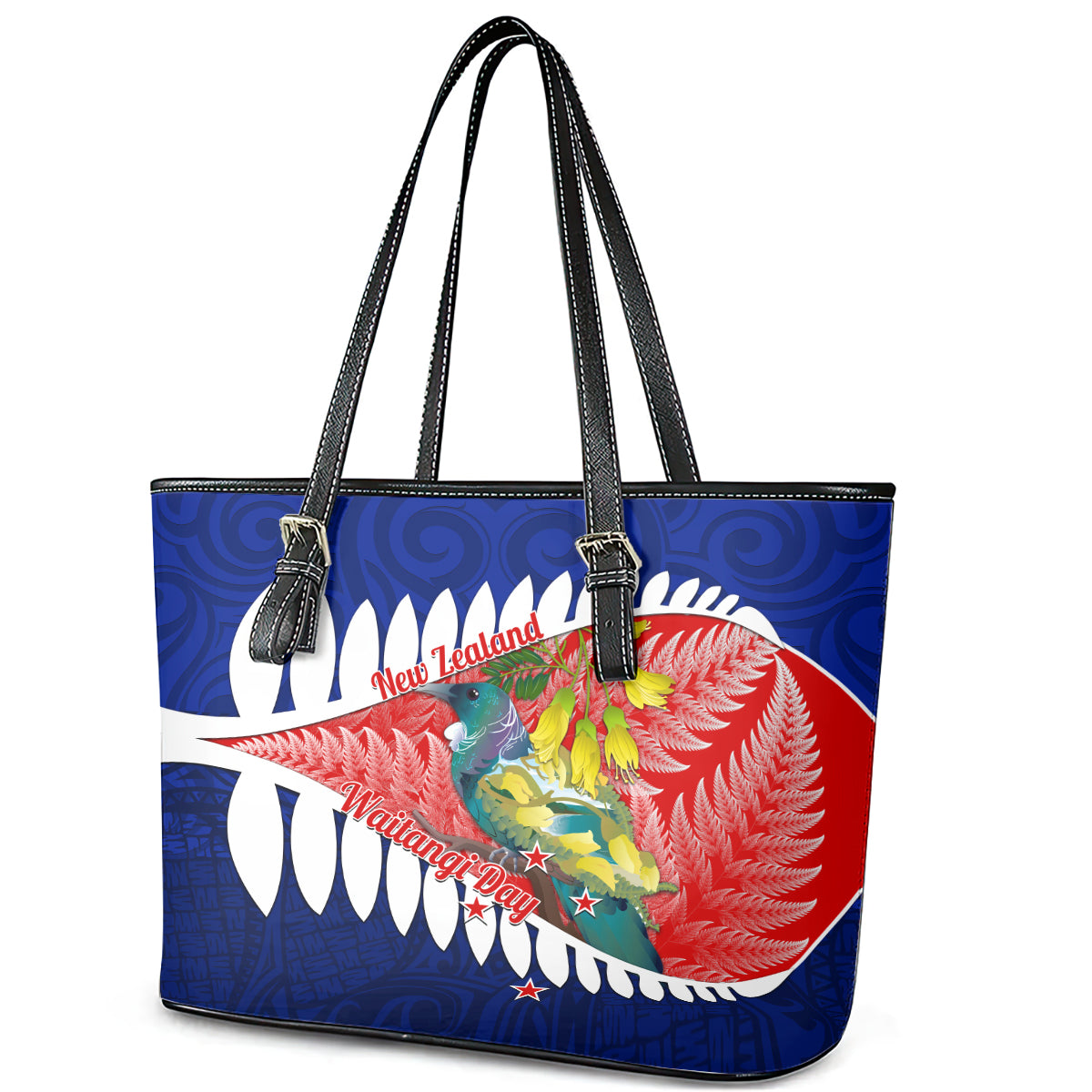 new-zealand-waitangi-day-leather-tote-bag-nz-maori-tui-bird-with-kowhai-flowers