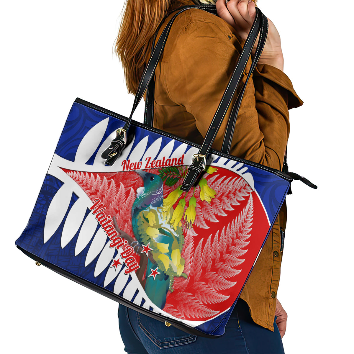 new-zealand-waitangi-day-leather-tote-bag-nz-maori-tui-bird-with-kowhai-flowers