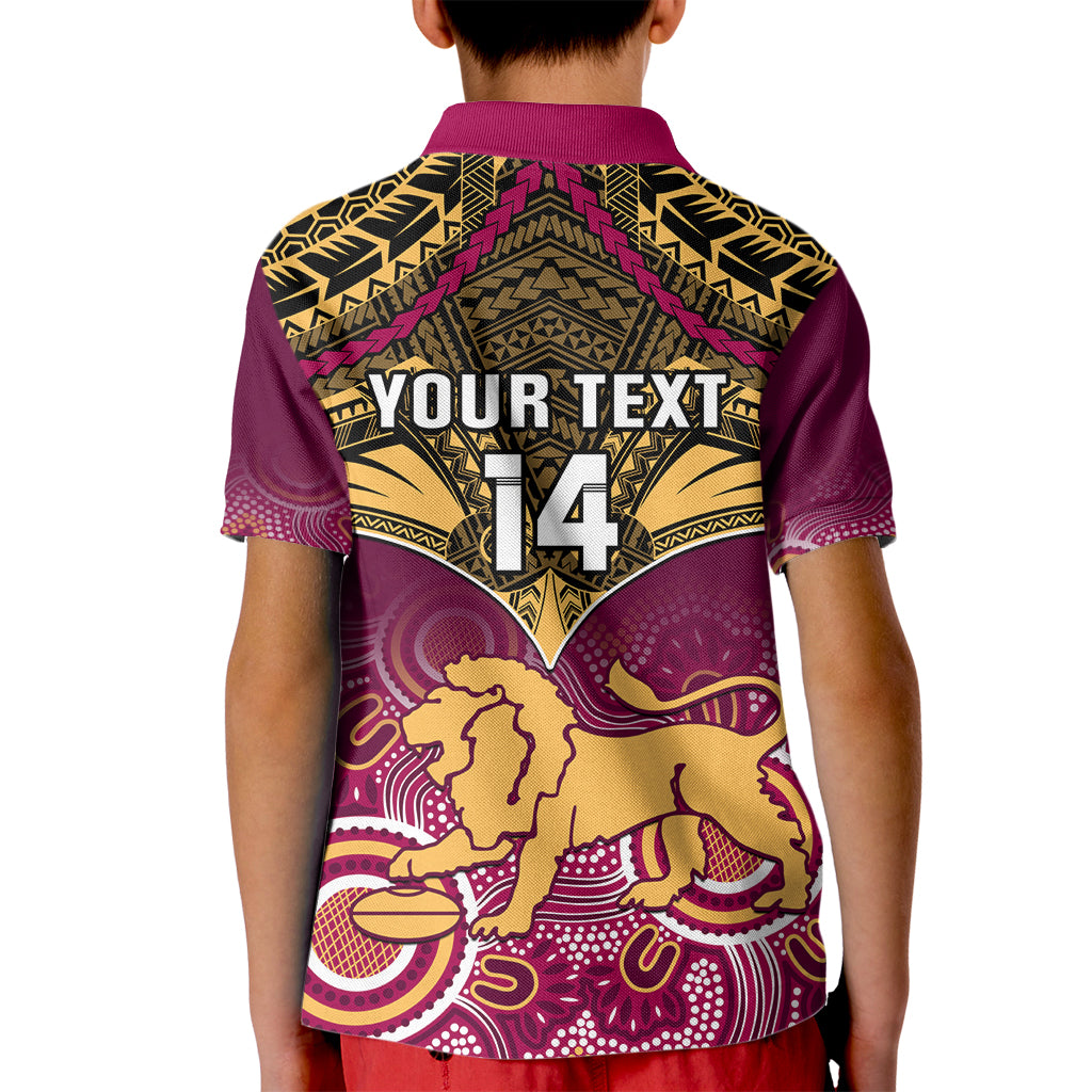 Personalised Brisbane Football Kid Polo Shirt Go Lions Aboriginal Mix Polynesian Pattern LT14