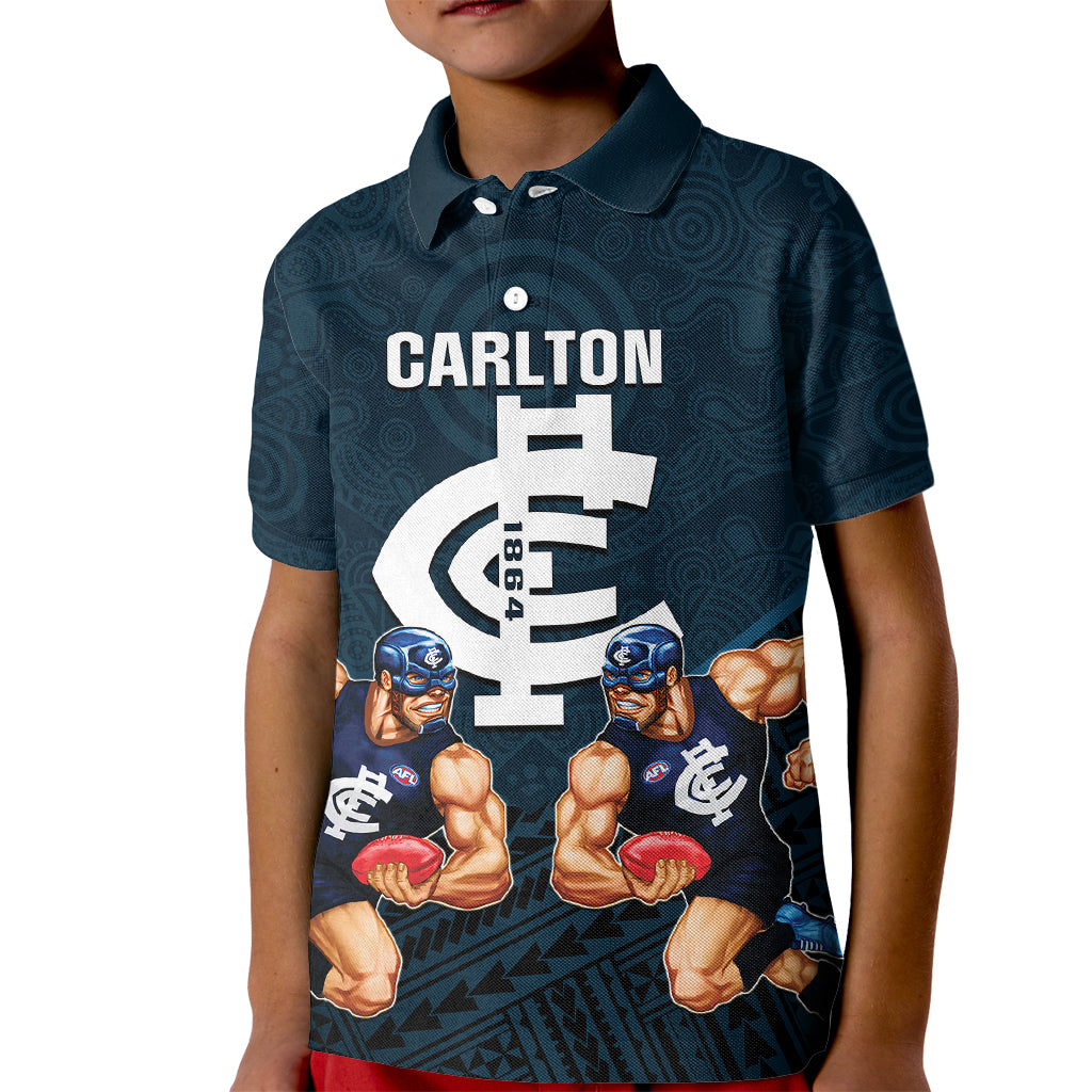 calrton-football-kid-polo-shirt-blues-go-champions-2023-polynesian-indigenous-art