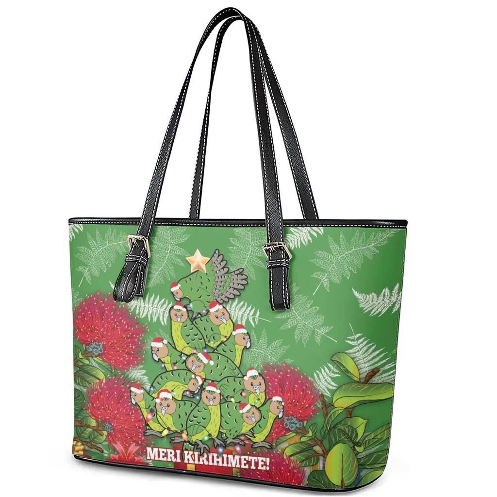 Kakapo New Zealand Christmas Leather Tote Bag Meri Kirihimete Pohutukawa - Green Color