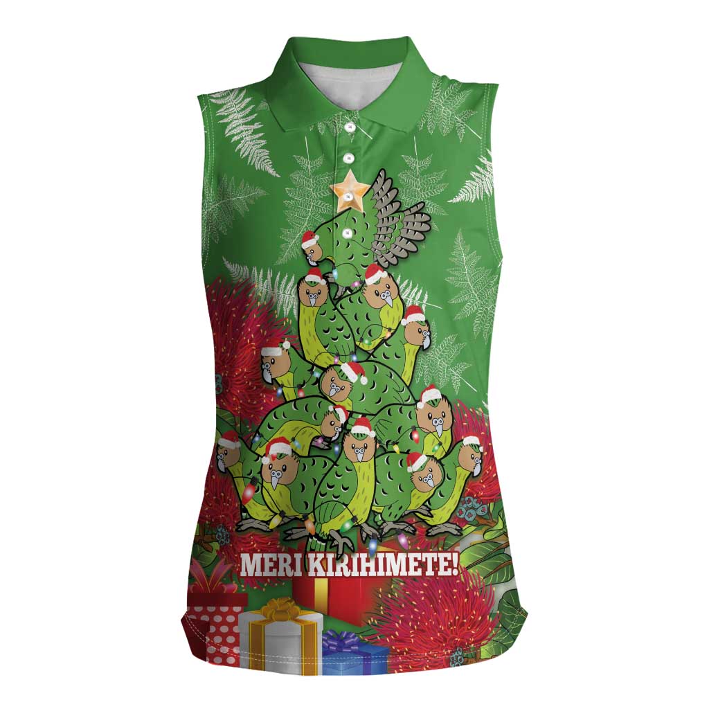 Kakapo New Zealand Christmas Women Sleeveless Polo Shirt Meri Kirihimete Pohutukawa - Green Color