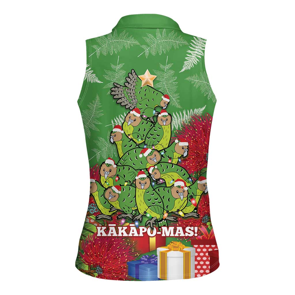 Kakapo New Zealand Christmas Women Sleeveless Polo Shirt Meri Kirihimete Pohutukawa - Green Color