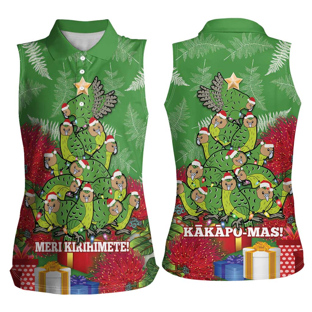 Kakapo New Zealand Christmas Women Sleeveless Polo Shirt Meri Kirihimete Pohutukawa - Green Color