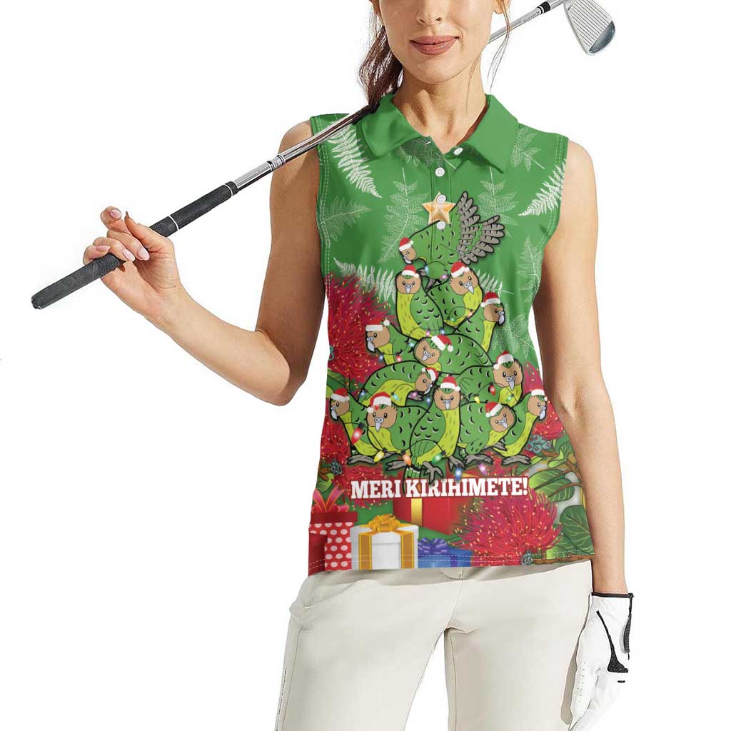 Kakapo New Zealand Christmas Women Sleeveless Polo Shirt Meri Kirihimete Pohutukawa - Green Color