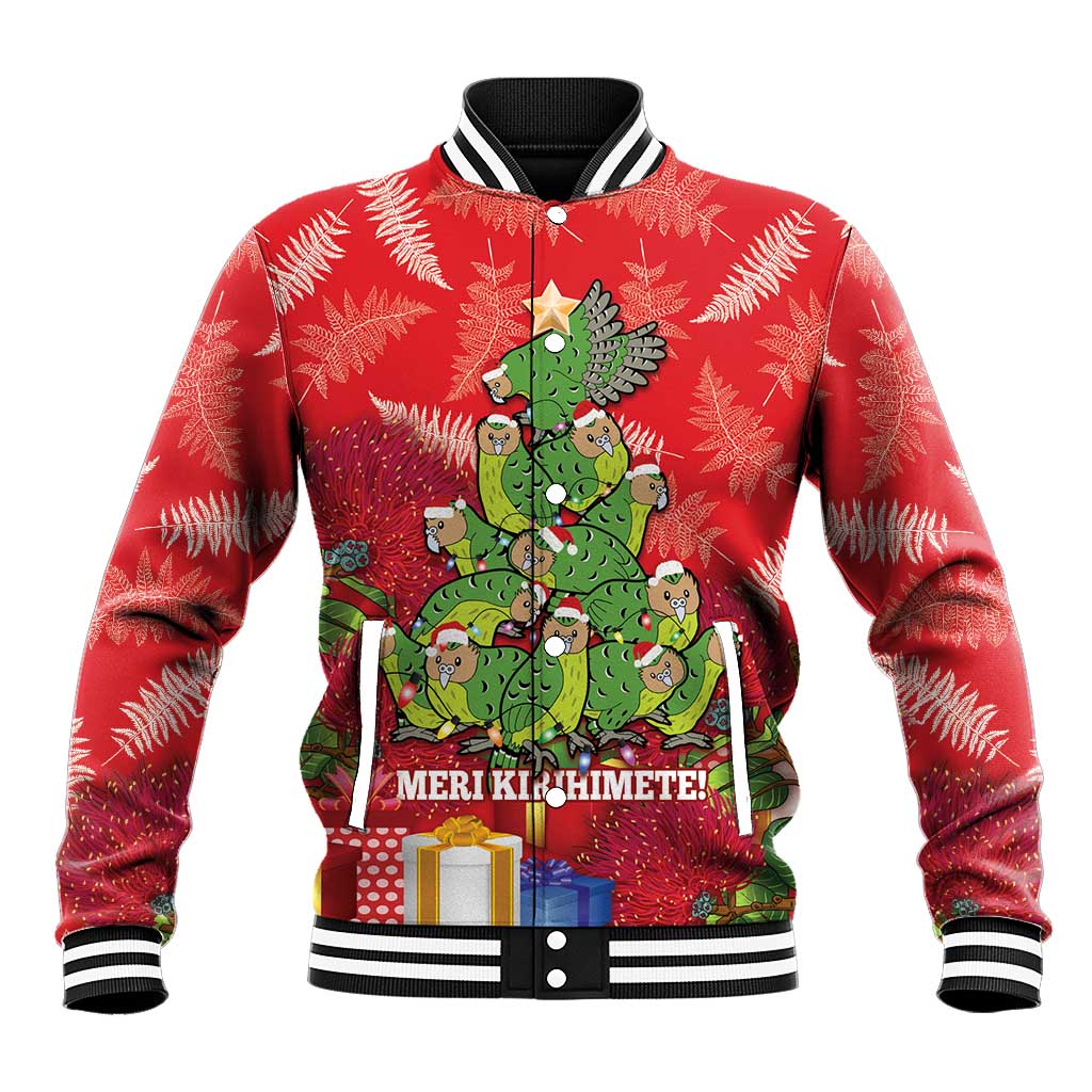 Kakapo New Zealand Christmas Baseball Jacket Meri Kirihimete Pohutukawa - Red Color