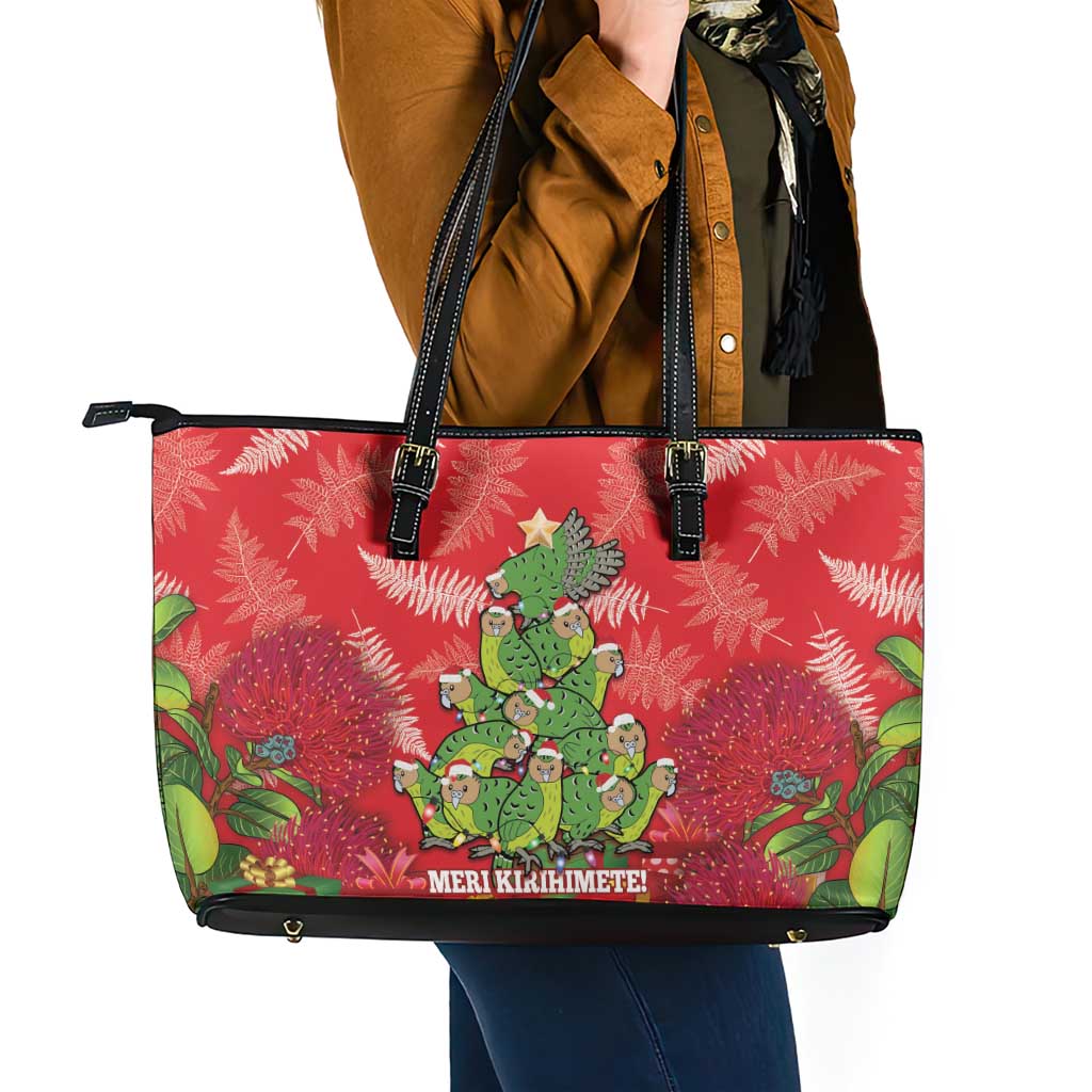 Kakapo New Zealand Christmas Leather Tote Bag Meri Kirihimete Pohutukawa - Red Color