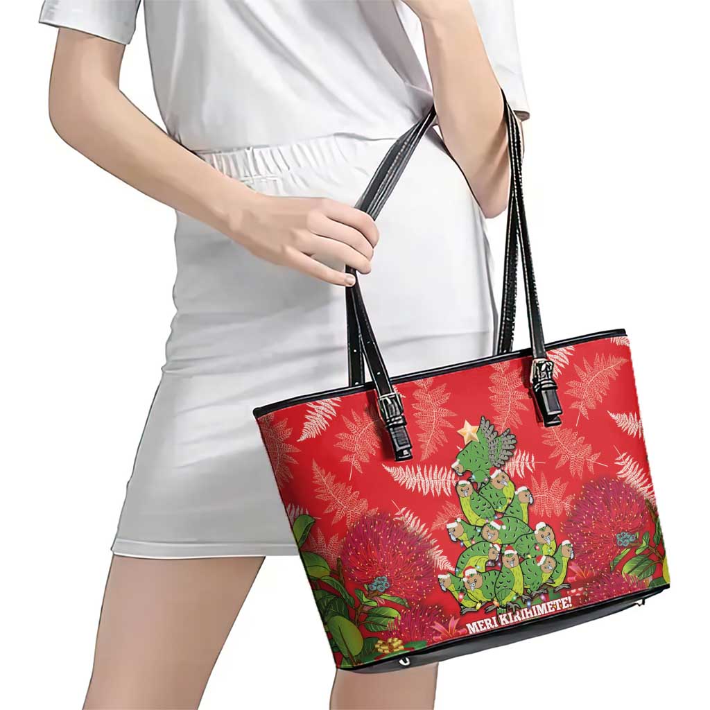 Kakapo New Zealand Christmas Leather Tote Bag Meri Kirihimete Pohutukawa - Red Color