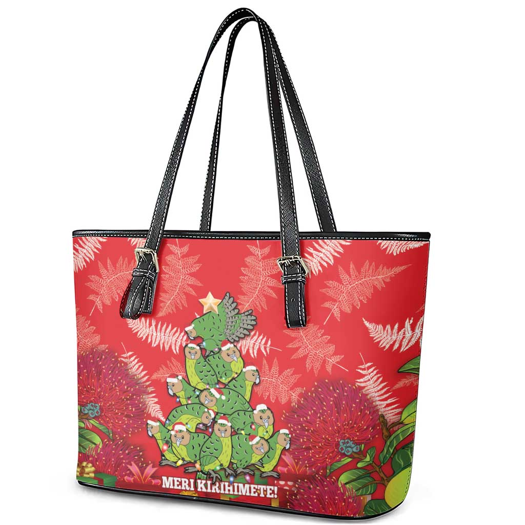 Kakapo New Zealand Christmas Leather Tote Bag Meri Kirihimete Pohutukawa - Red Color