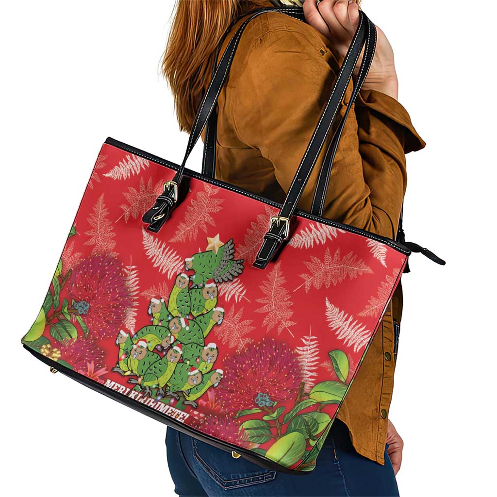 Kakapo New Zealand Christmas Leather Tote Bag Meri Kirihimete Pohutukawa - Red Color