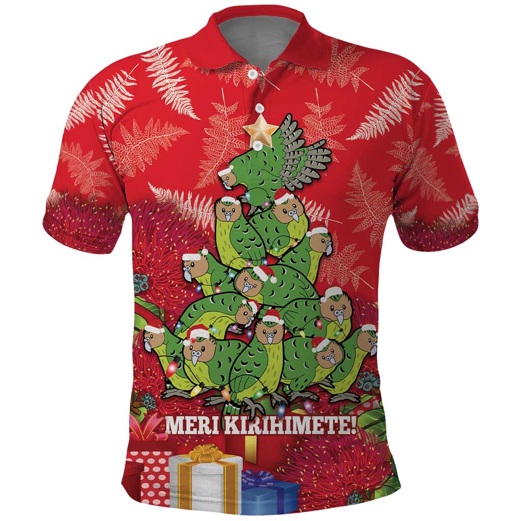 Kakapo New Zealand Christmas Polo Shirt Meri Kirihimete Pohutukawa - Red Color