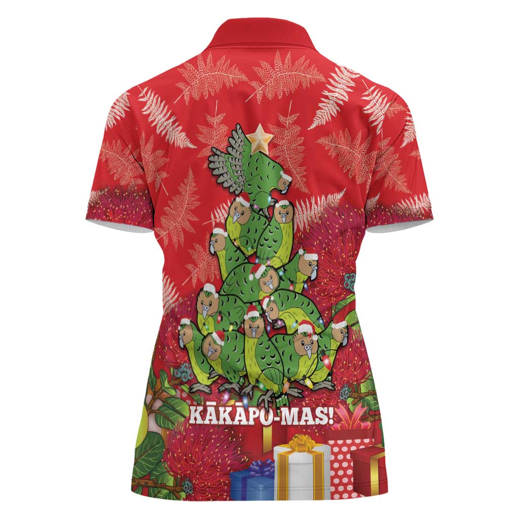 Kakapo New Zealand Christmas Women Polo Shirt Meri Kirihimete Pohutukawa - Red Color