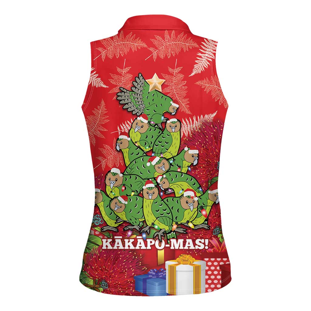 Kakapo New Zealand Christmas Women Sleeveless Polo Shirt Meri Kirihimete Pohutukawa - Red Color