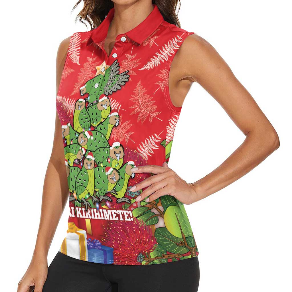 Kakapo New Zealand Christmas Women Sleeveless Polo Shirt Meri Kirihimete Pohutukawa - Red Color