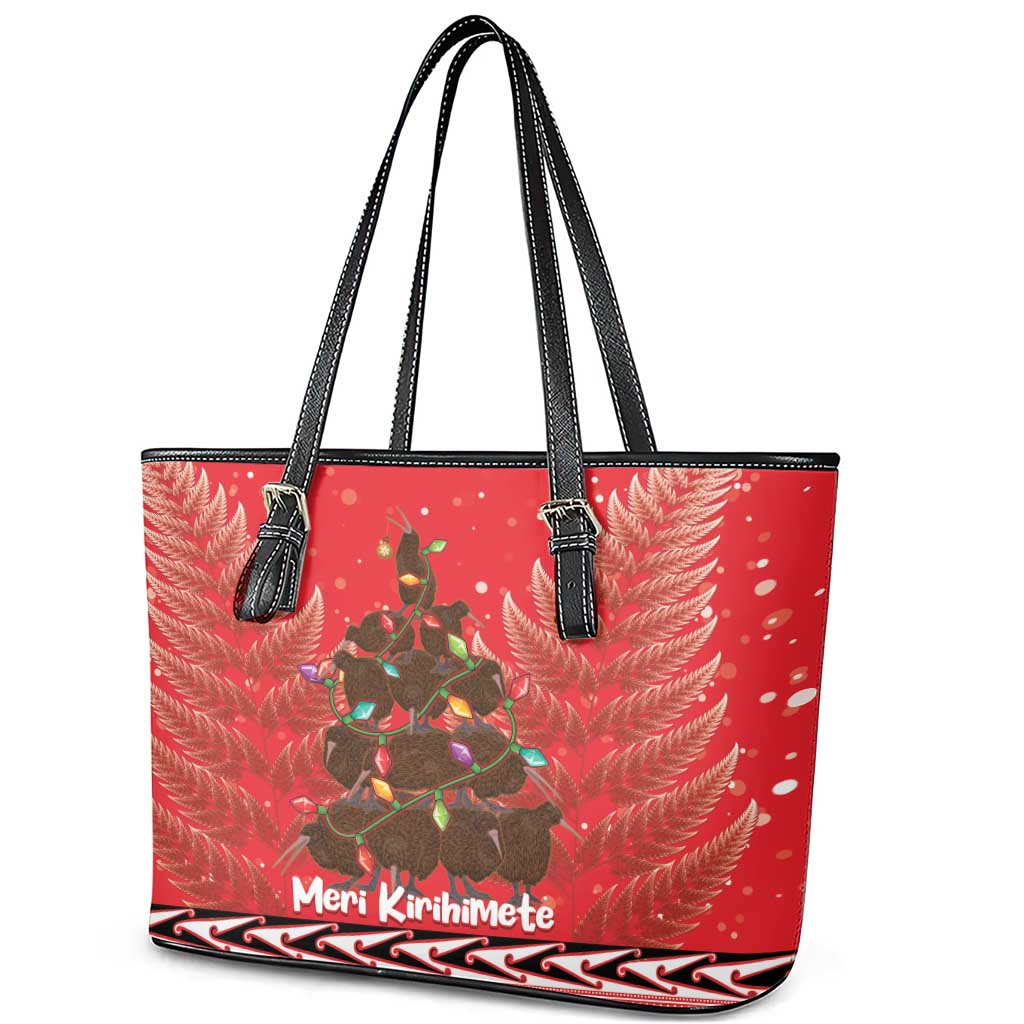 Kiwi New Zealand Christmas Leather Tote Bag Meri Kirihimete Silver Fern - Red Color