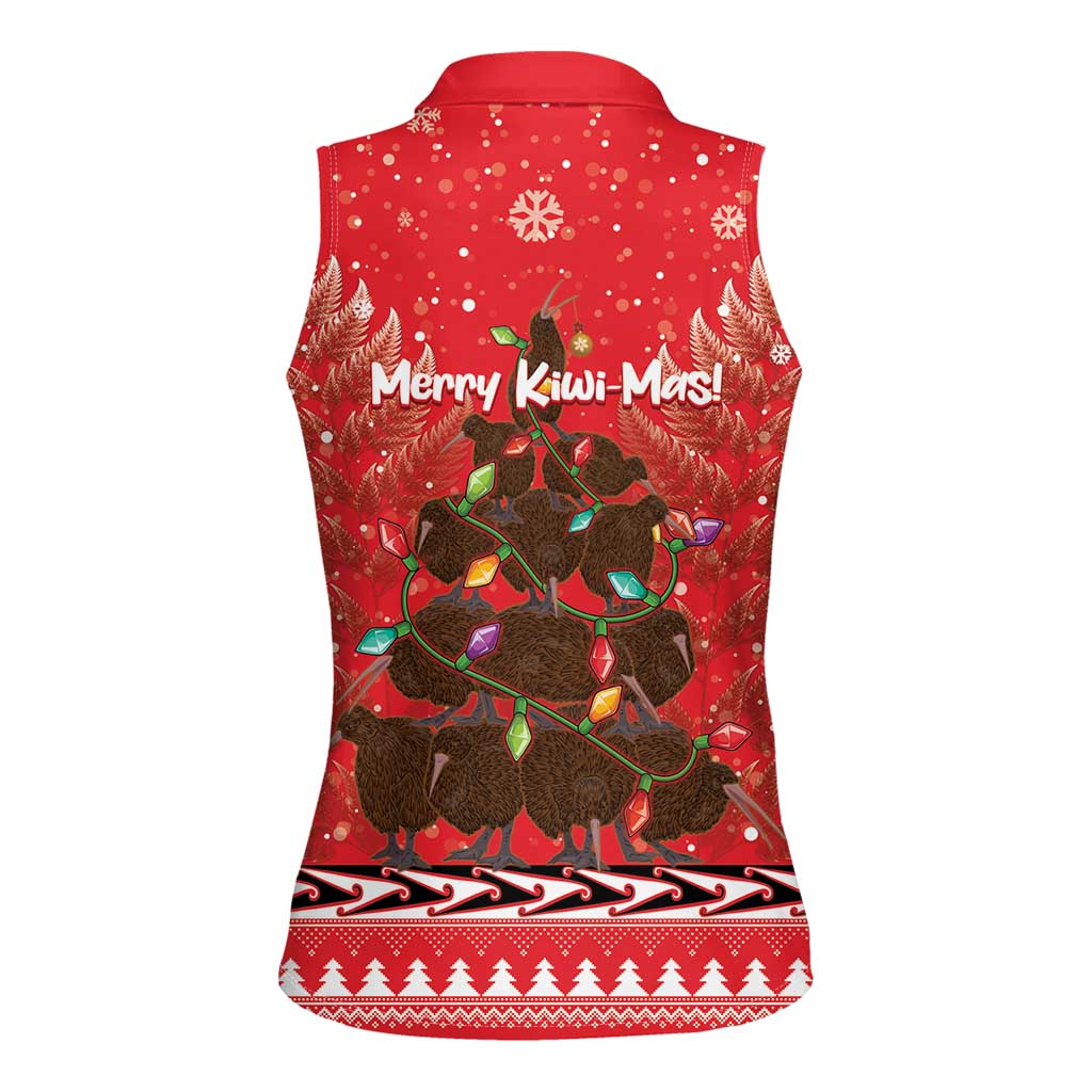 Kiwi New Zealand Christmas Women Sleeveless Polo Shirt Meri Kirihimete Silver Fern - Red Color