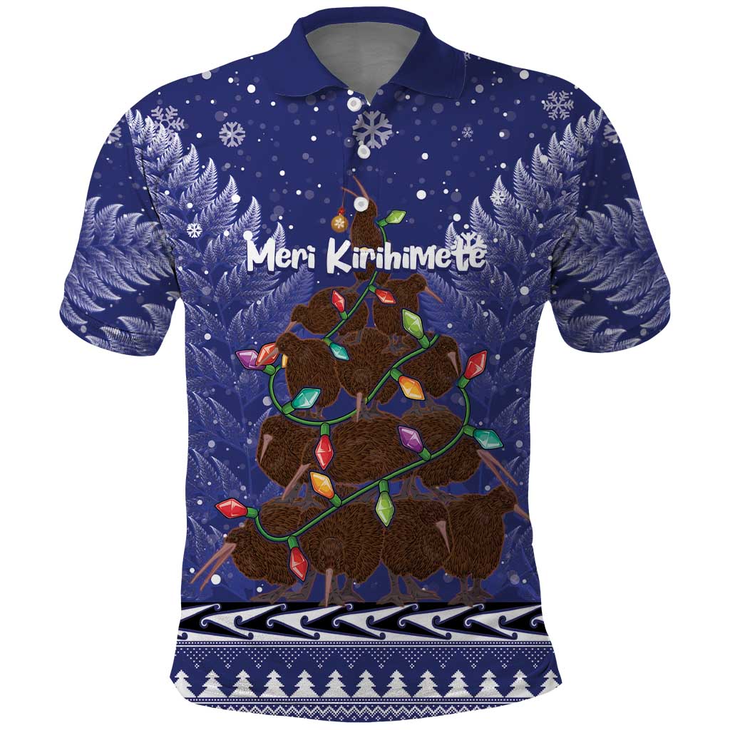 Kiwi New Zealand Christmas Polo Shirt Meri Kirihimete Silver Fern - Blue Color