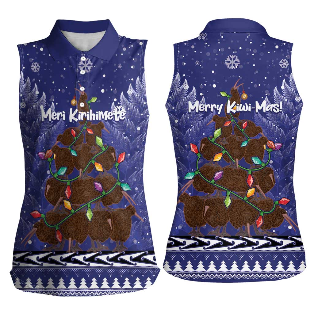 Kiwi New Zealand Christmas Women Sleeveless Polo Shirt Meri Kirihimete Silver Fern - Blue Color