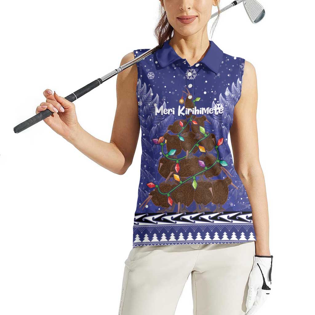 Kiwi New Zealand Christmas Women Sleeveless Polo Shirt Meri Kirihimete Silver Fern - Blue Color