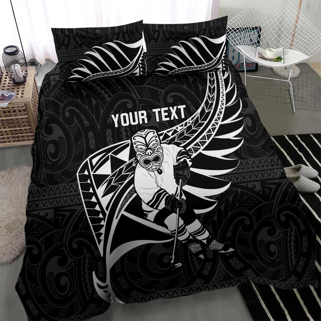 Custom Aotearoa Ice Hockey Bedding Set NZ Tiki Mascot - Maori Pattern