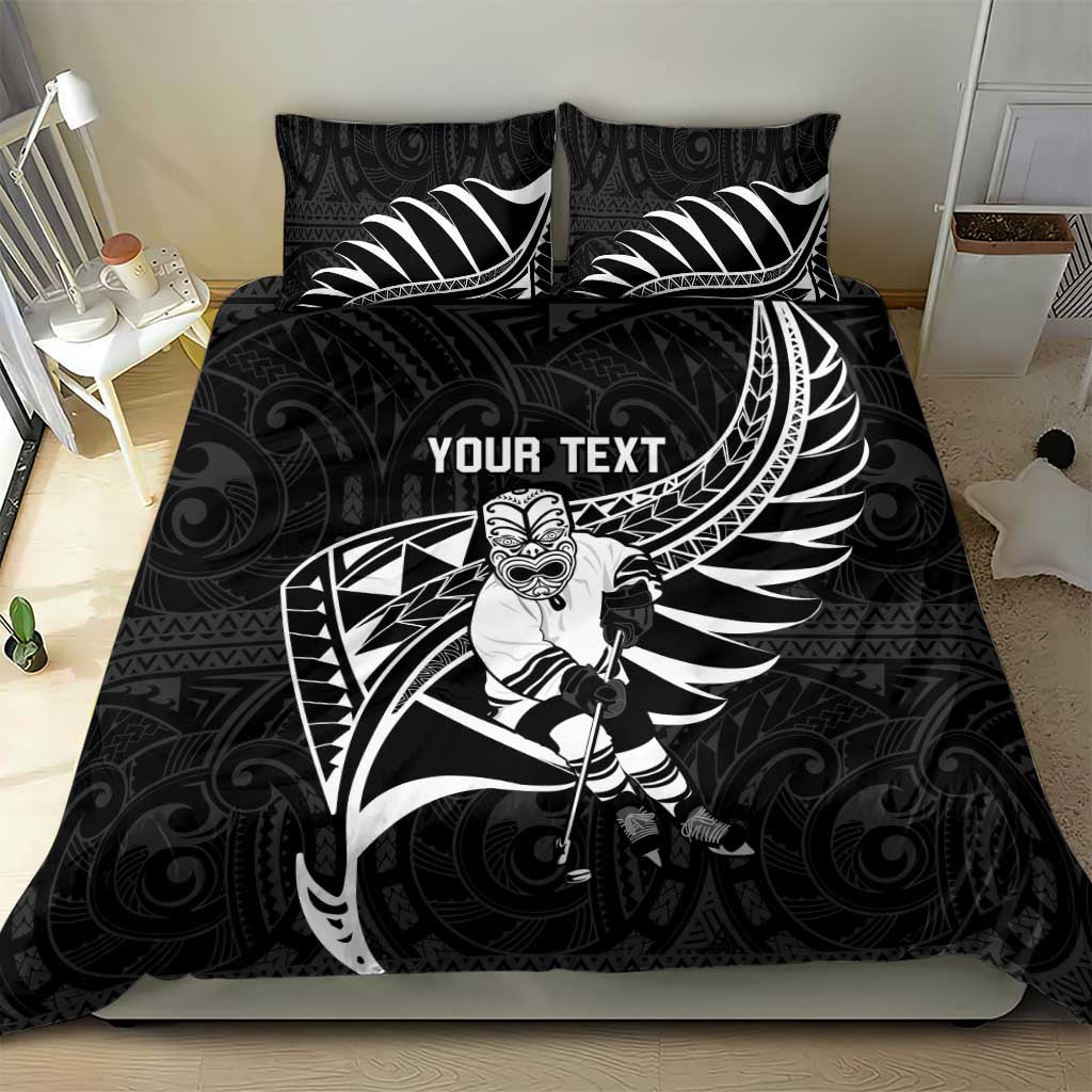 Custom Aotearoa Ice Hockey Bedding Set NZ Tiki Mascot - Maori Pattern