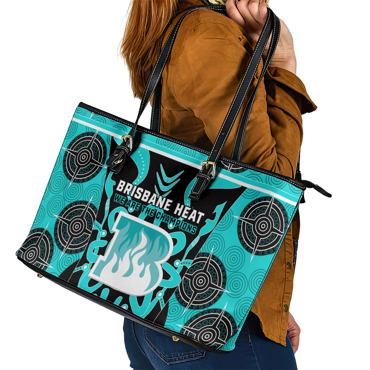 Custom Brisbane Heat Leather Tote Bag We Are The Champions Aboriginal Art