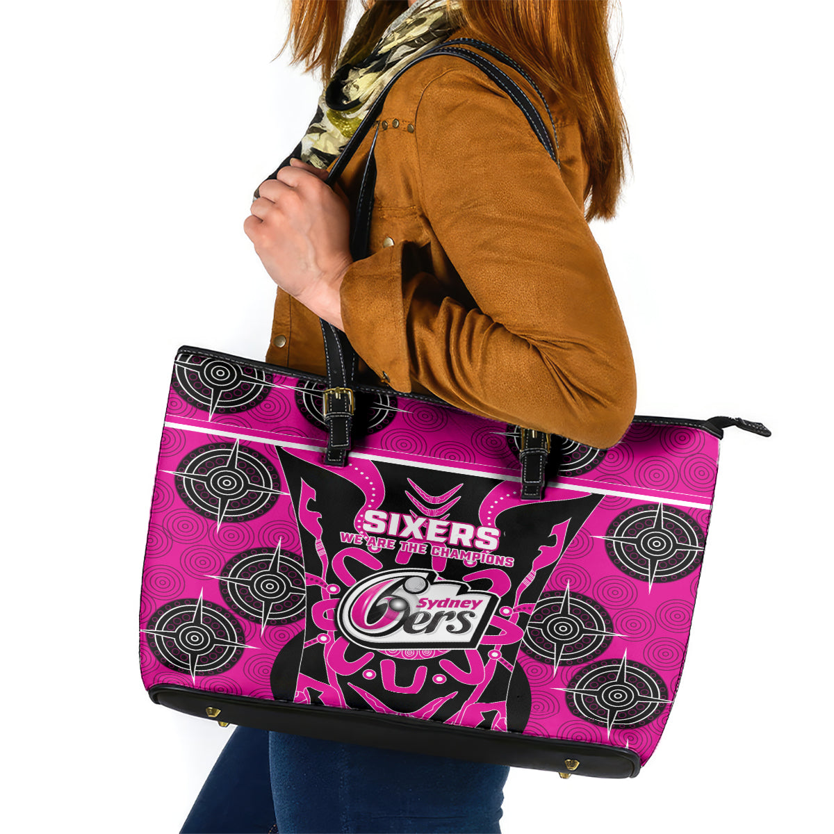 Custom Sydney Sixers Leather Tote Bag We Are The Champions Aboriginal Art