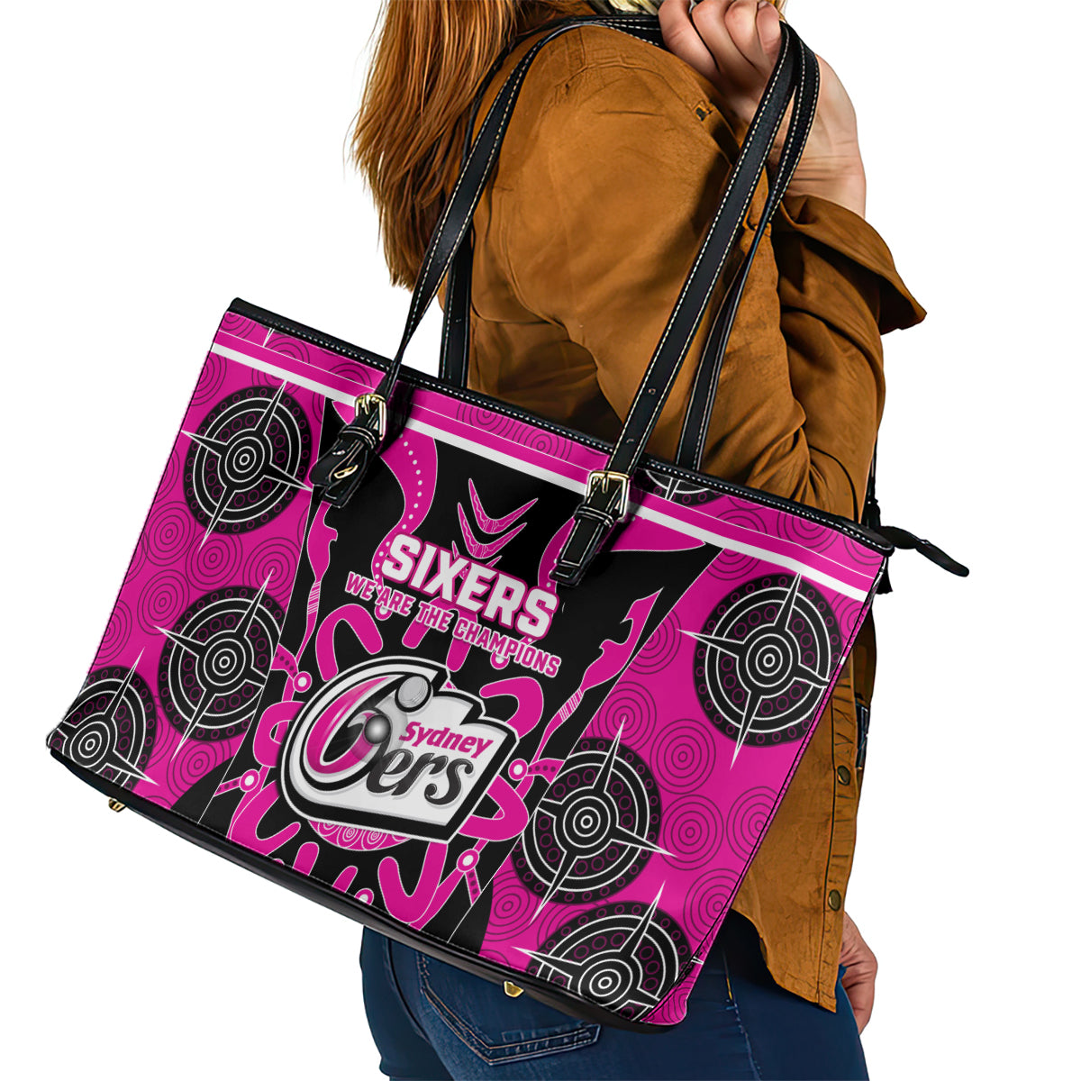 Custom Sydney Sixers Leather Tote Bag We Are The Champions Aboriginal Art