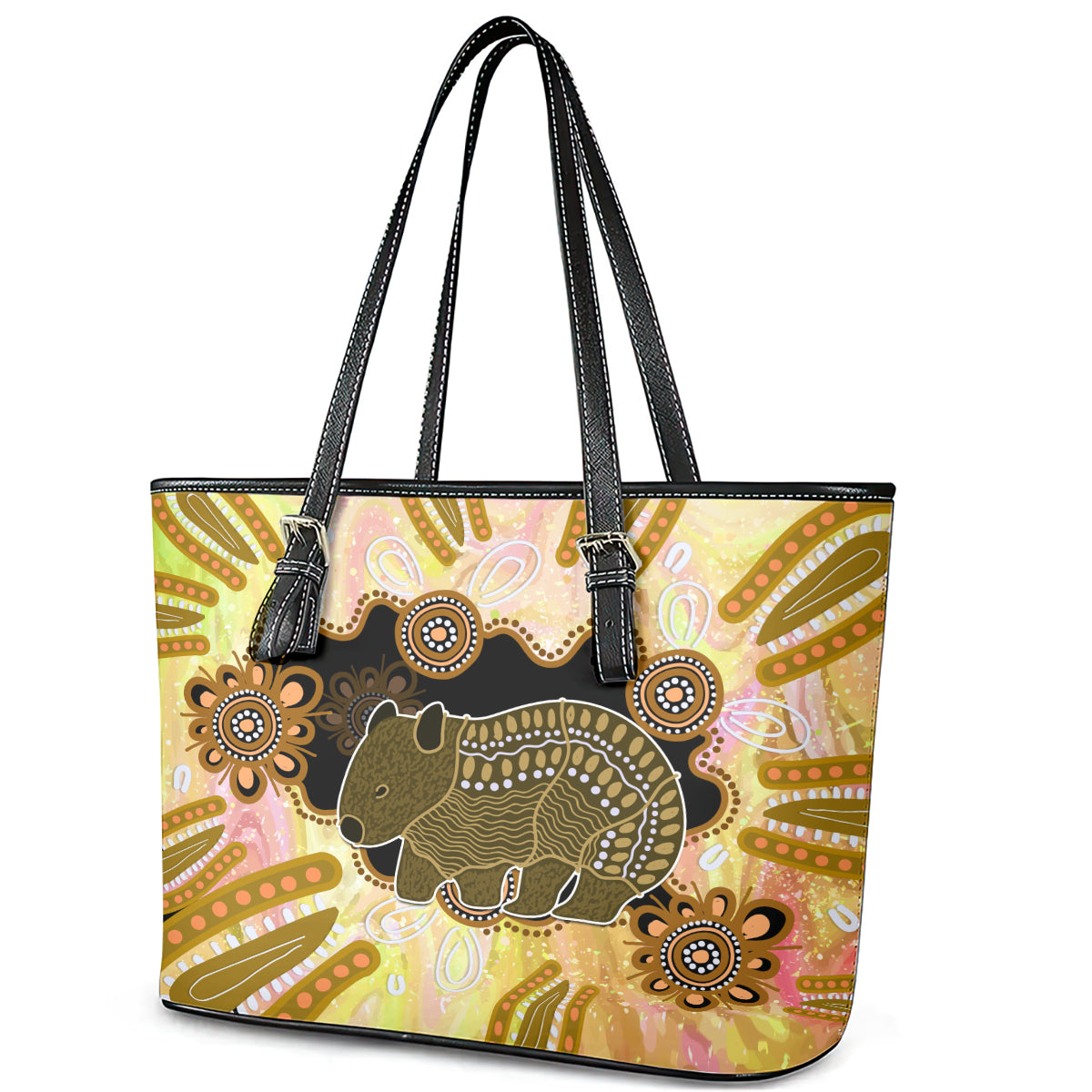 Australia Opal Wombat Leather Tote Bag Aussie Aboriginal Art