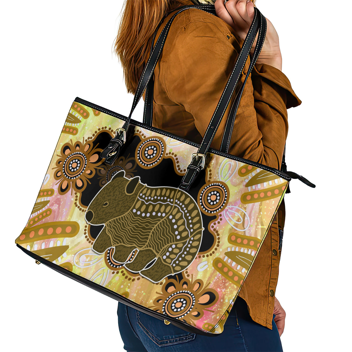 Australia Opal Wombat Leather Tote Bag Aussie Aboriginal Art