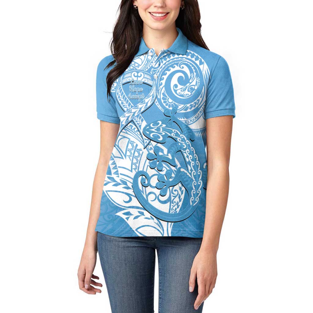 Personalised New Zealand Autism Awareness Women Polo Shirt NZ Fern With Maori Koru Lizard