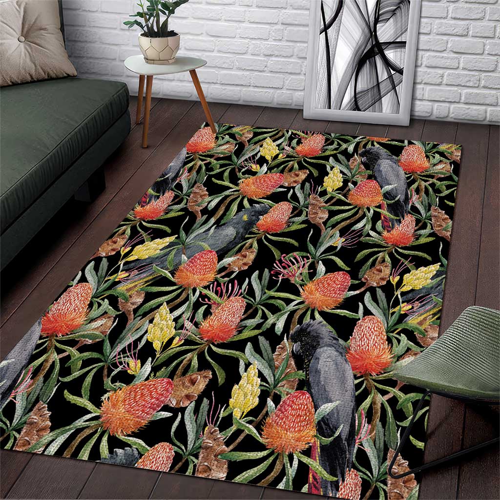 Australia Black Cockatoo And Banksia Flowers Area Rug