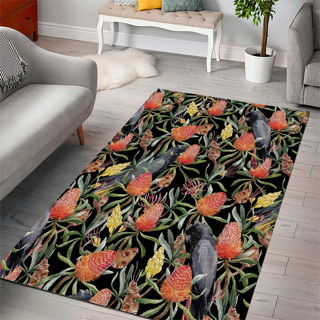 Australia Black Cockatoo And Banksia Flowers Area Rug