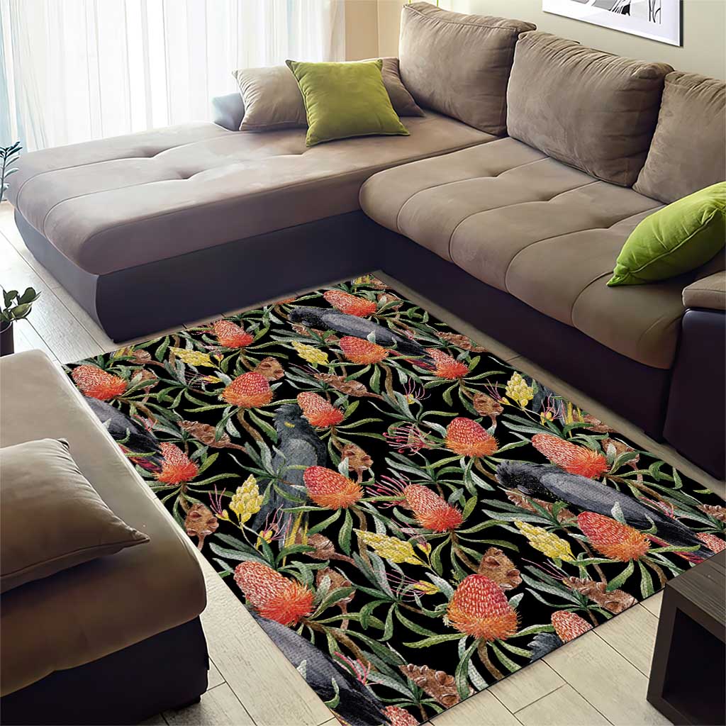 Australia Black Cockatoo And Banksia Flowers Area Rug