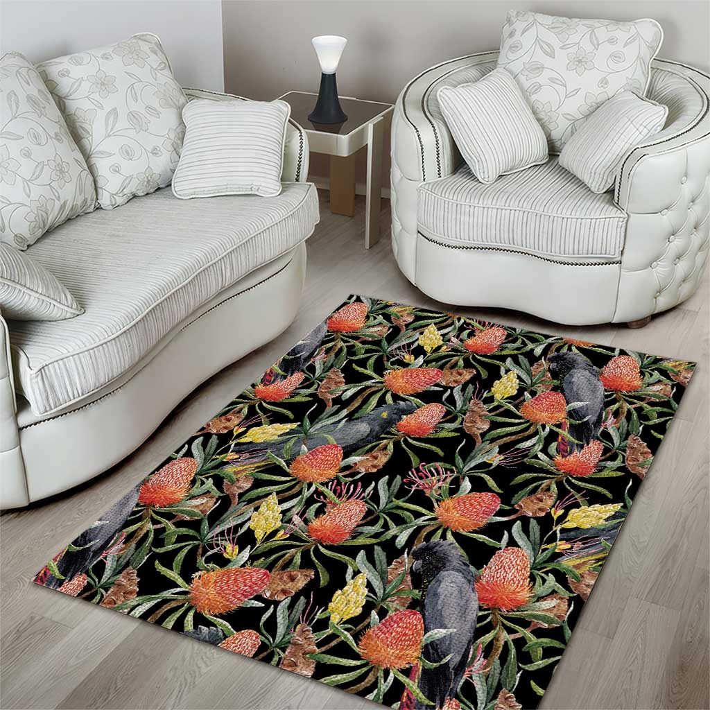 Australia Black Cockatoo And Banksia Flowers Area Rug