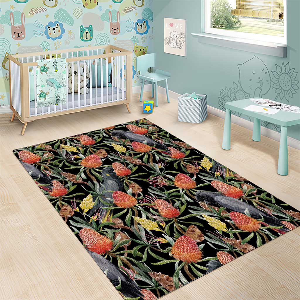 Australia Black Cockatoo And Banksia Flowers Area Rug