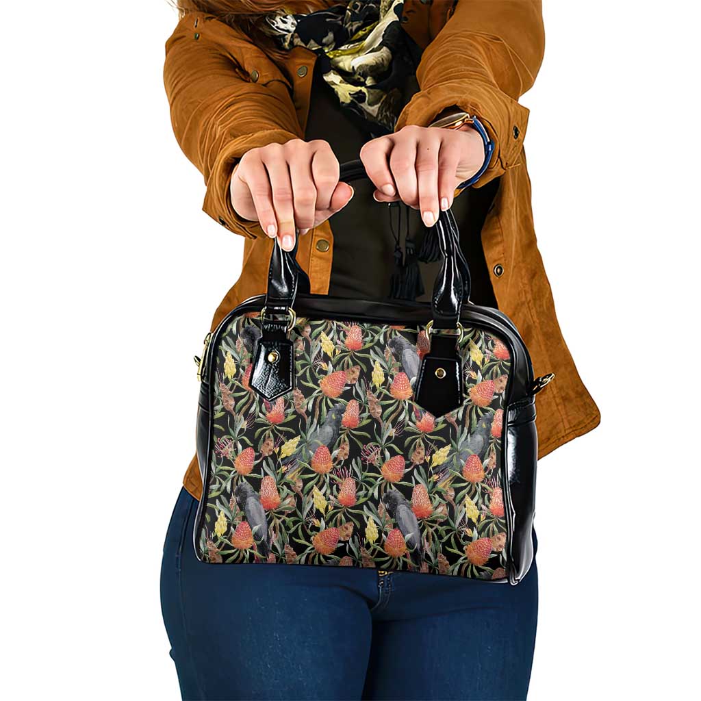 Australia Black Cockatoo And Banksia Flowers Shoulder Handbag