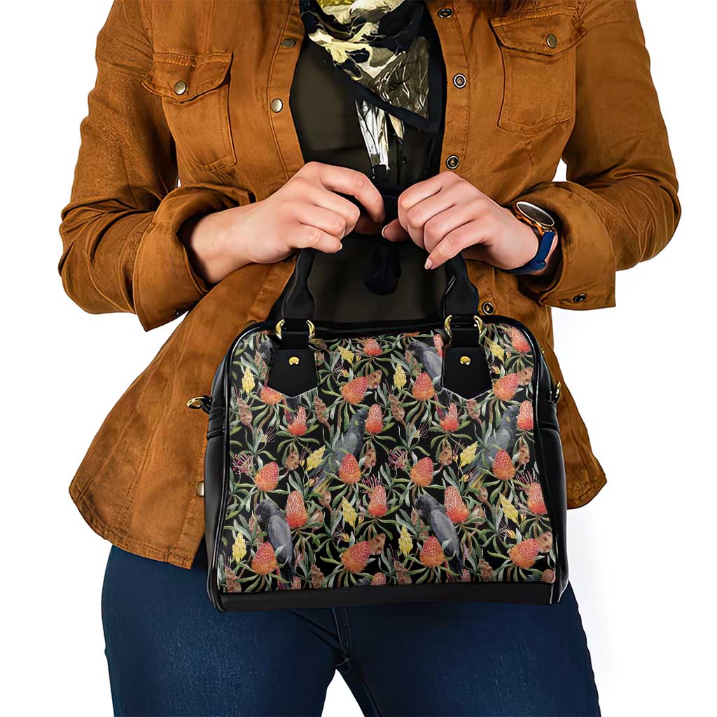 Australia Black Cockatoo And Banksia Flowers Shoulder Handbag