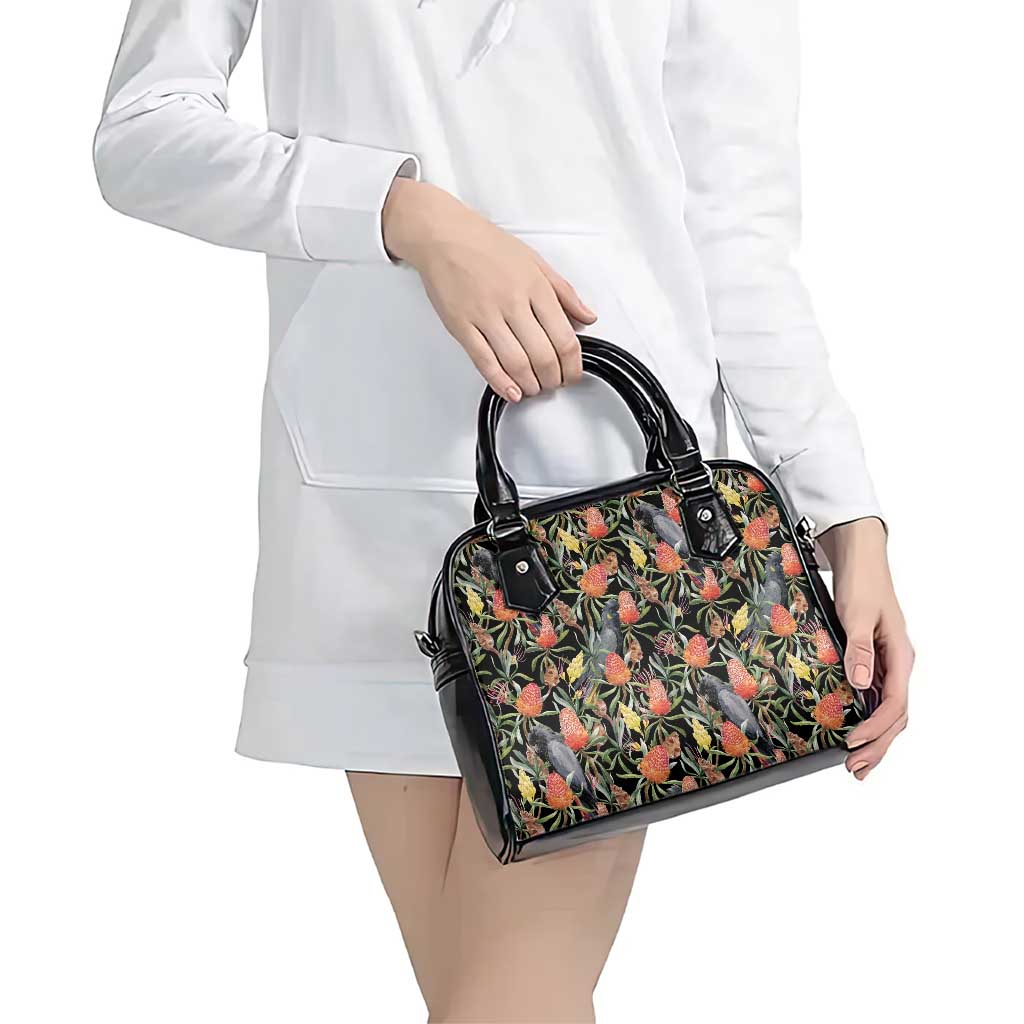 Australia Black Cockatoo And Banksia Flowers Shoulder Handbag