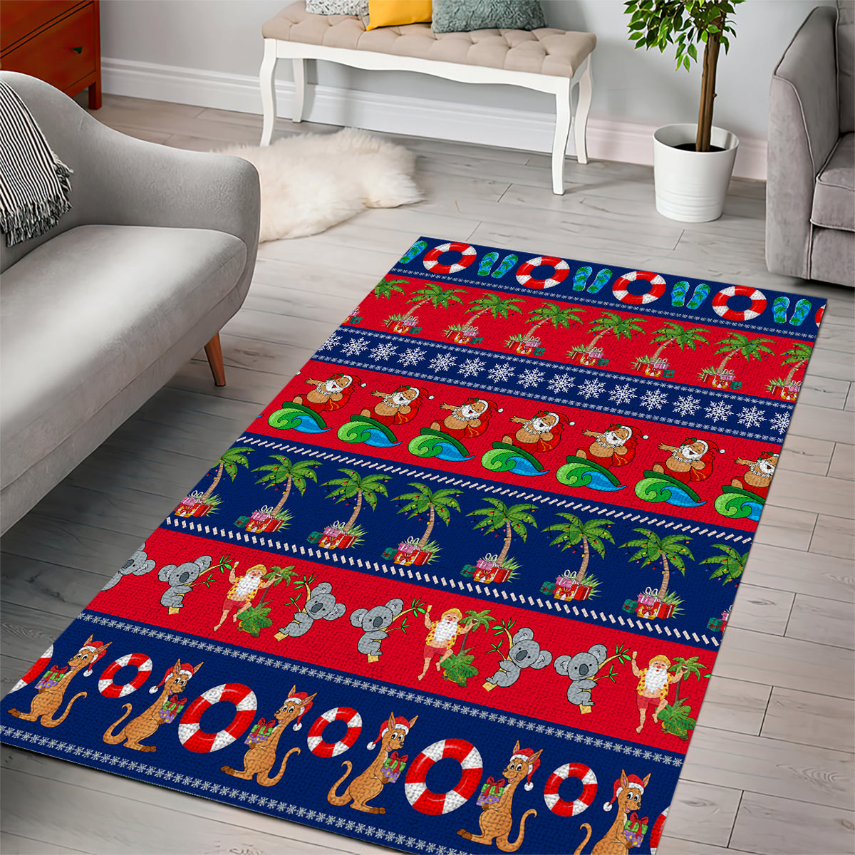 personalised-australia-christmas-area-rug-aussie-santa-claus-beach-xmas-vibes