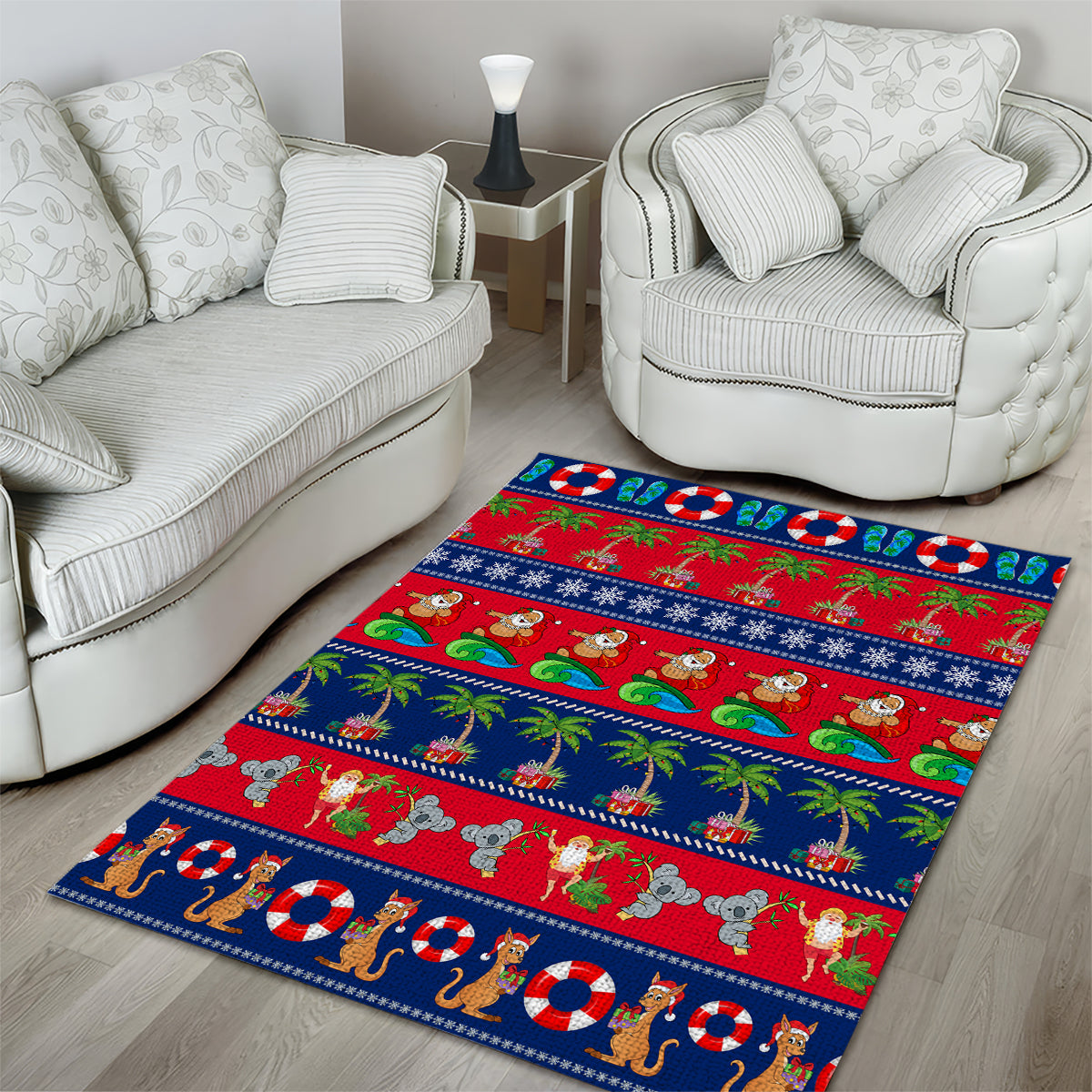 personalised-australia-christmas-area-rug-aussie-santa-claus-beach-xmas-vibes