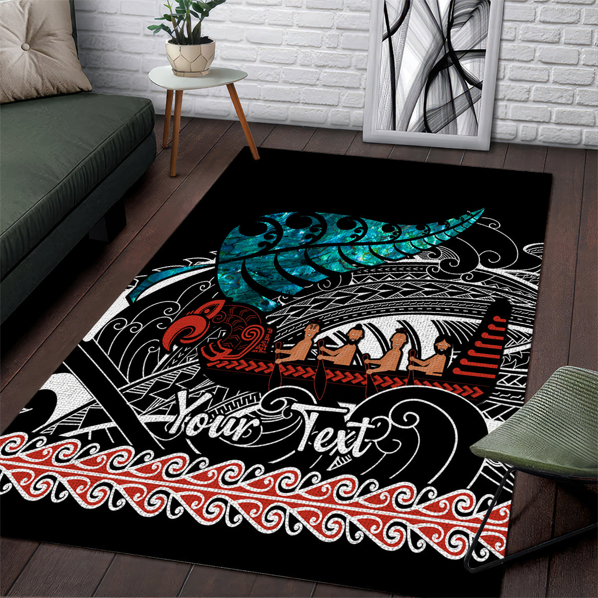 personalised-new-zealand-waka-area-rug-aotearoa-maori-silver-fern-pattern